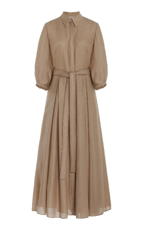 Andy Pleated Maxi Shirtdress in Khaki Virgin Wool Cashmere