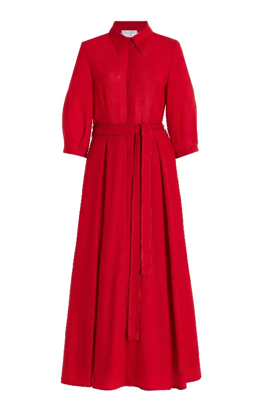 Andy Pleated Shirtdress in Scarlet Red Virgin Wool