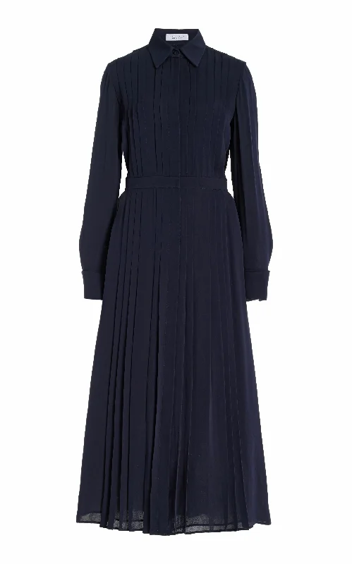 Delphine Maxi Shirtdress in Dark Navy Silk Georgette Twill