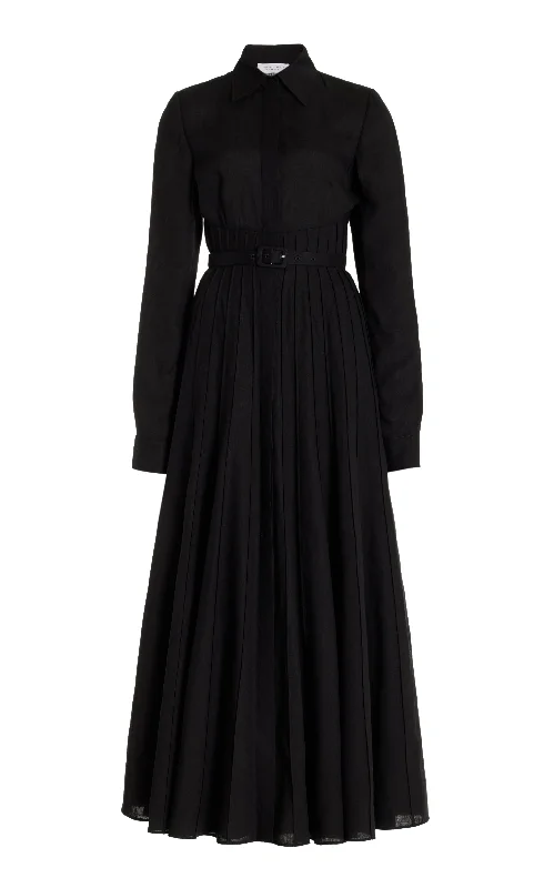 Dewi Pleated Maxi Shirtdress in Black Aloe Linen