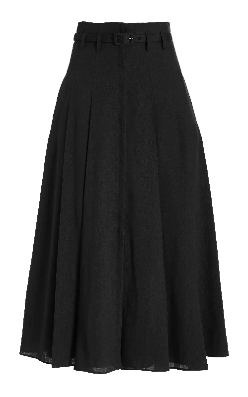 Dugald Pleated Midi Skirt in Black Aloe Linen