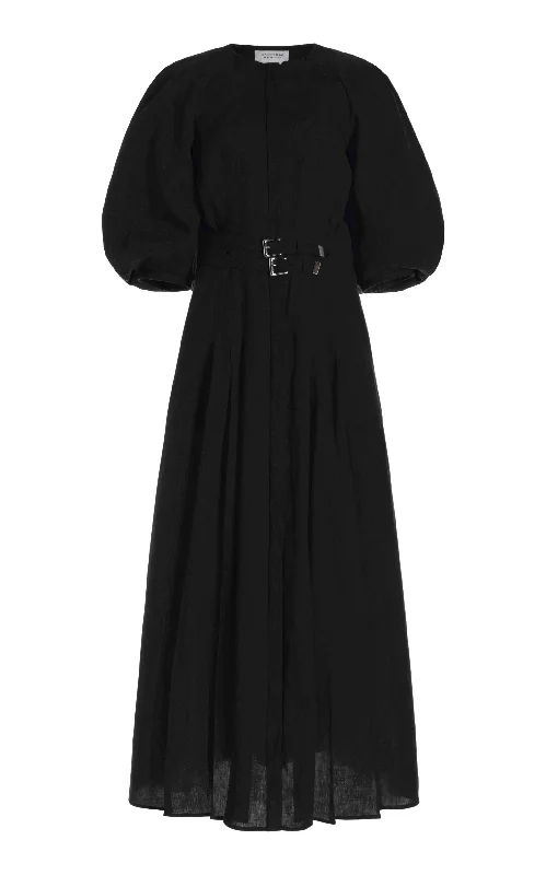 Elea Pleated Maxi Dress in Black Aloe Linen