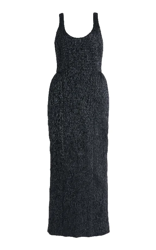 Girard Shirred Maxi Dress with Lining in Black Pearlized Nappa Leather