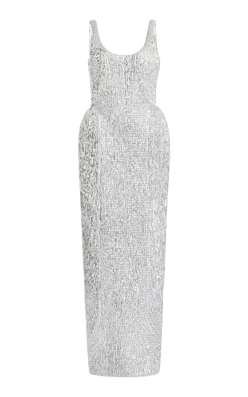 Girard Shirred Maxi Dress with Lining in Silver Metallic Nappa Leather