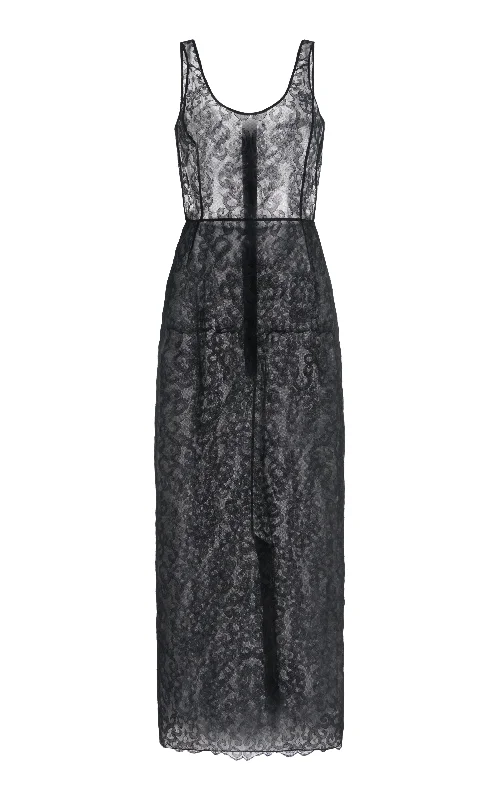 Polus Sheer Maxi Dress with Slip in Black Silk Lace