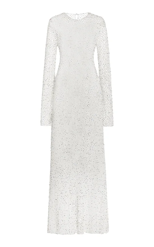 Xavier Crochet Maxi Dress in White Beaded Cashmere