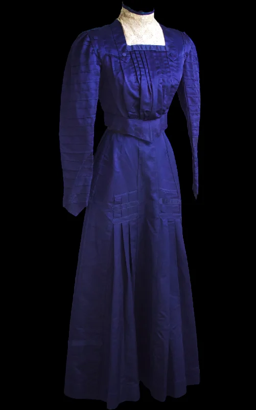 1910s Rare Edwardian Navy Deep Blue Silk Satin Walking Day Dress