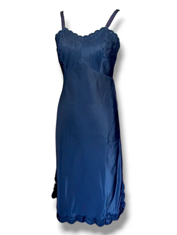 1940s Candie Barbizon Tafredda Navy Blue Slip Dress with Silk Embroidery