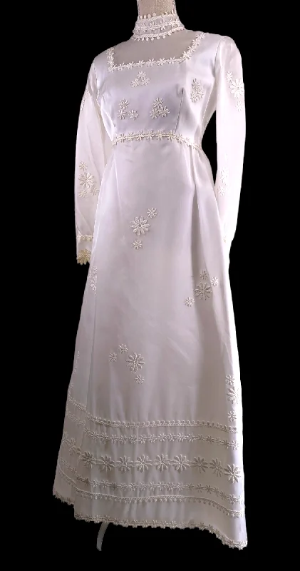 1970s Chiffon Regency Wedding Dress with Empire Waist, Daisy Lace, Bishop Sleeves and High Collar in Bright White