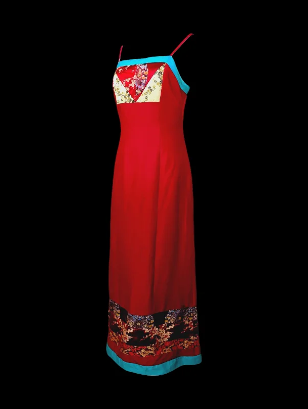 1990s Sue Wong Shantung Silk Spaghetti Strap Shift Y2K Dress In Red, Blue and Gold