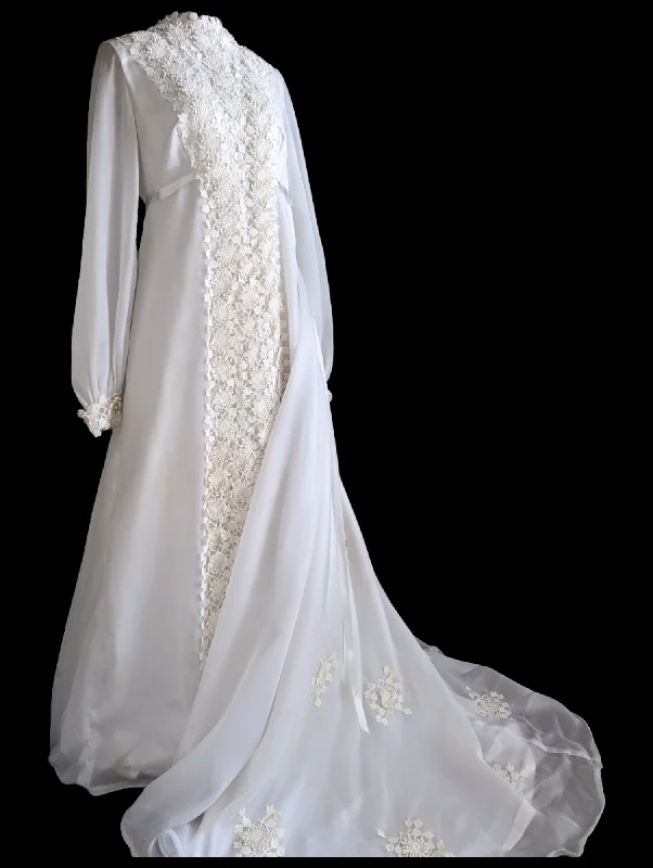 1970s Passion Flower Lace Column Wedding Dress with Long Sleeves. Trailing Ribbon, Empire Waist and Bustle Train