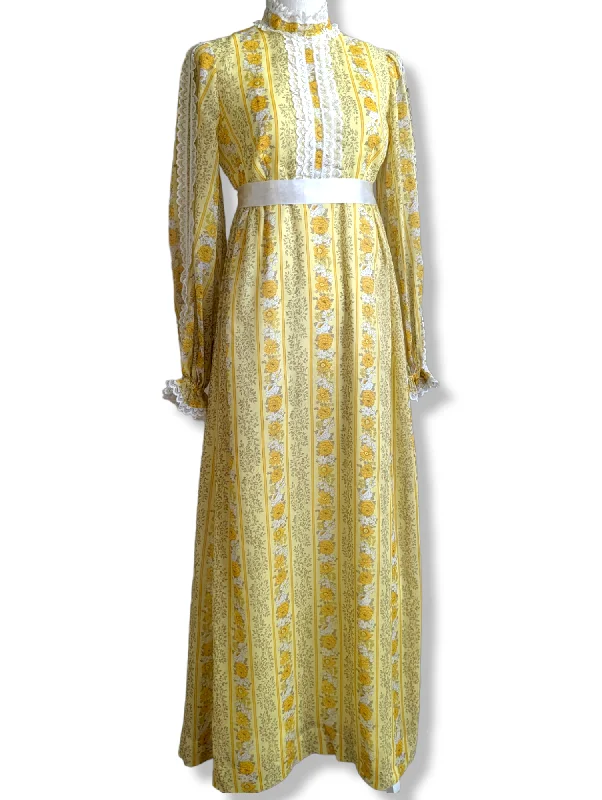 1970s Yellow Striped Peony and Daisy Floral Pioneer Prairie Dress with Long Sleeves, Empire Waist, High Collar, Lace Trim and Satin Ribbon