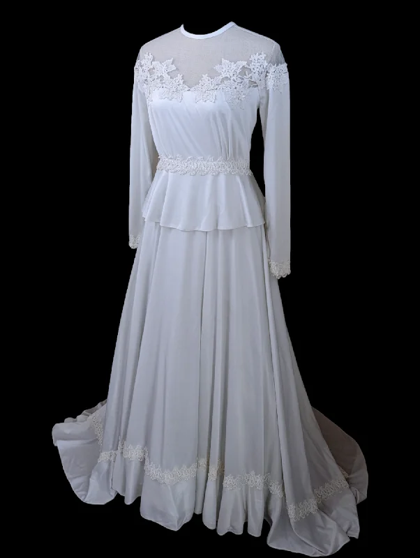 1960s Peplum and Floral Lace Long Sleeve Wedding Dress with Scoop Neckline in Brilliant White