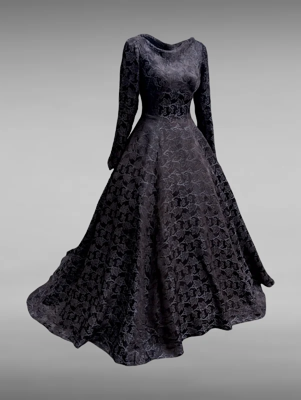 1940s-1950s "The Phoenix" Black Wedding Dress with Damask Silk Embossed Maple Leaves