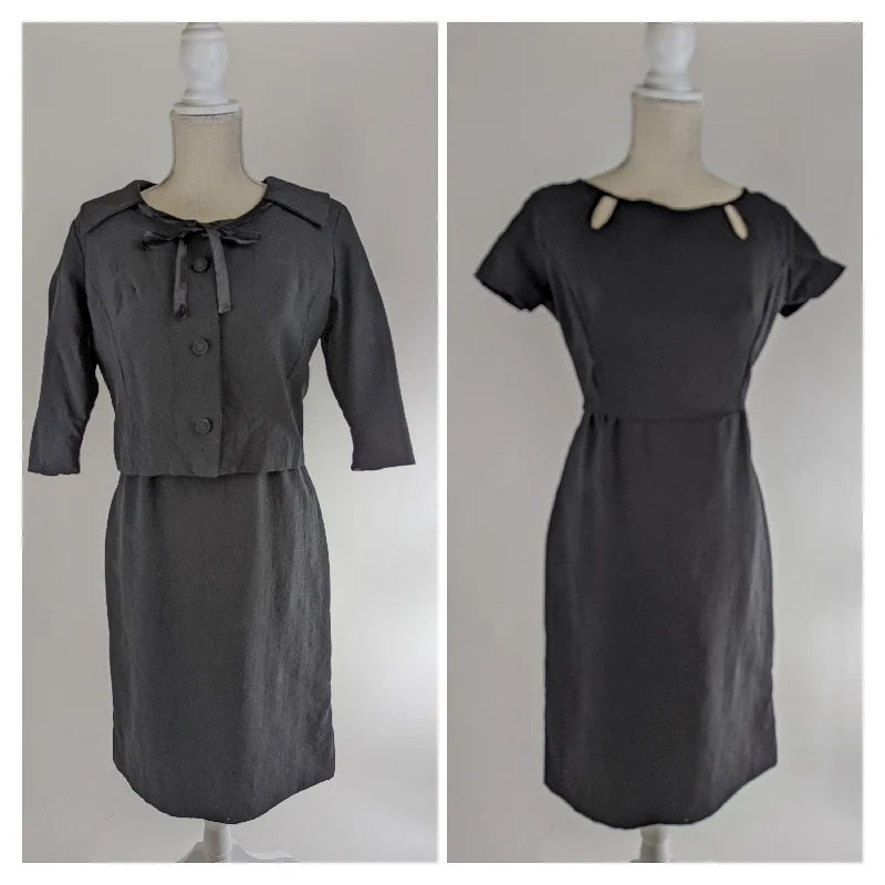 1960s Two Piece Black Dress and Crop Jacket with Satin Ribbon and Rounded Collar and Silk Lining