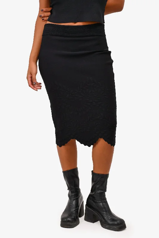 Alexander McQueen Black Knit Floral Embroidered Midi Skirt with Scallop Hem Est. Size L