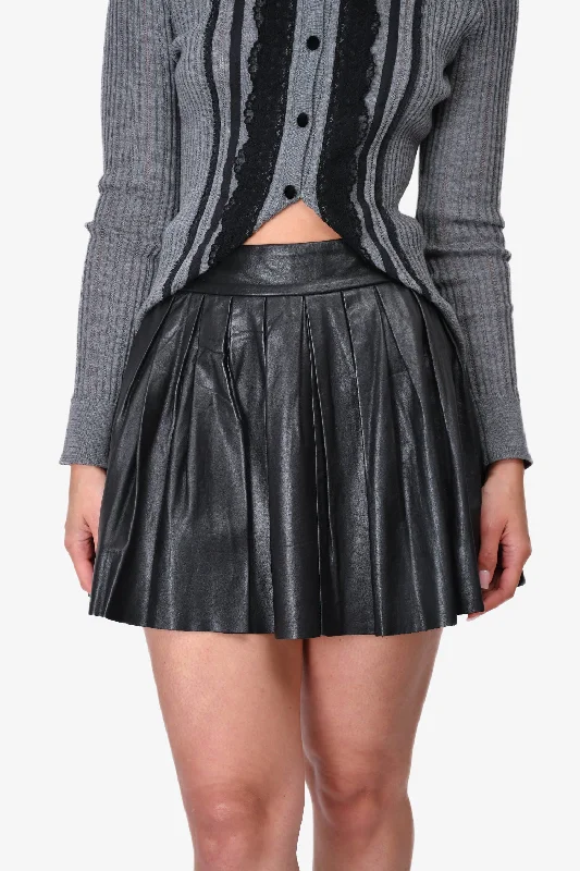 Alice + Olivia Black Leather Pleated Mini Skirt Size 2