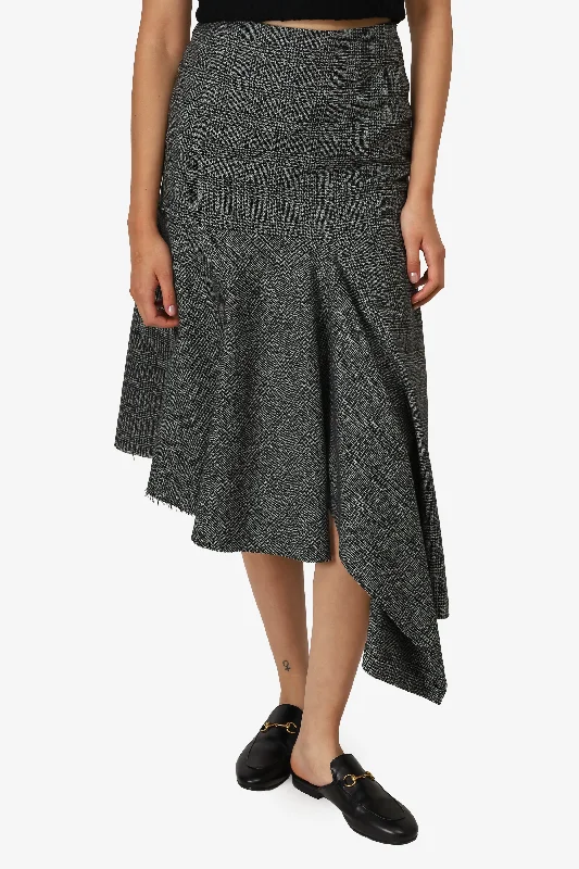 Balenciaga Grey Wool Plaid Asymmetrical Hem Midi Skirt Size 38