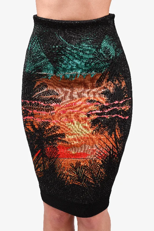 Balmain Black/Orange Sunset Printed Knit Midi Skirt Size 34