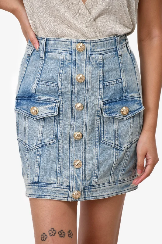 Balmain Blue 'Acid Wash' Denim Mini Skirt with Gold Buttons Size 38