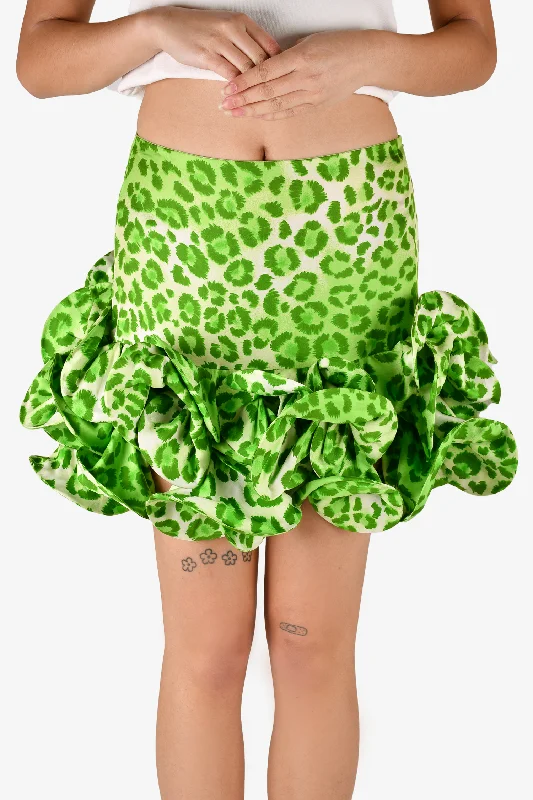 Blugirl Blumarine Green and White Leopard Printed Spiral Hem Mini Skirt Size 40 IT