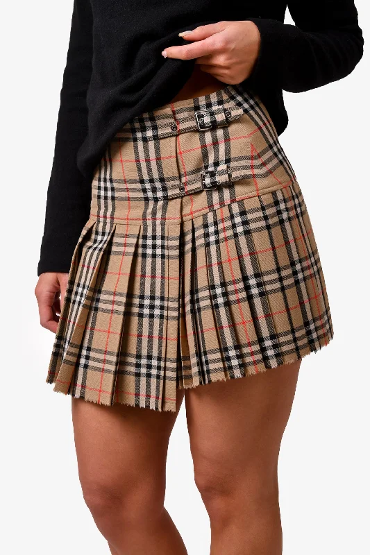 Burberry Beige Nova Check Pleated Mini Skirt Size 2