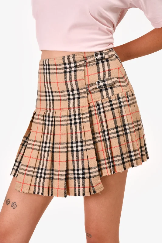 Burberry Beige Wool Check Pleated Buckled Mini Skirt Size 4 US