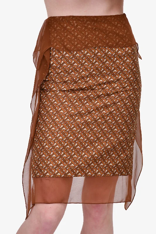 Burberry Brown Silk Logo Scarf Detail Midi Skirt Size 0