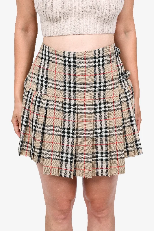 Burberry London Brown Check Wool Pleated Mini Skirt Size 6 US