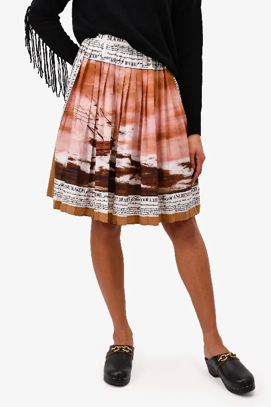 Burberry London White/Brown 'Mariner' Printed Silk Pleated Cady Skirt Size 2