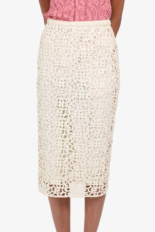 Burberry White Macrame Lace Overlay Midi Skirt Size 38