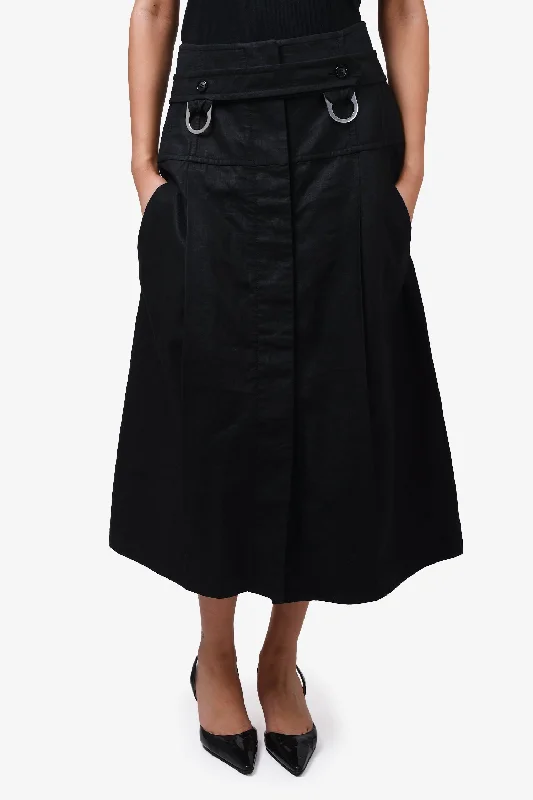 Celine Black Linen Buckle Detail Belted Midi Skirt Size 40