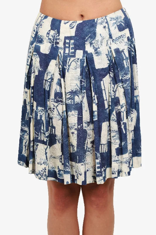 Celine Blue/White Printed Pleated Mini Skirt Size 44