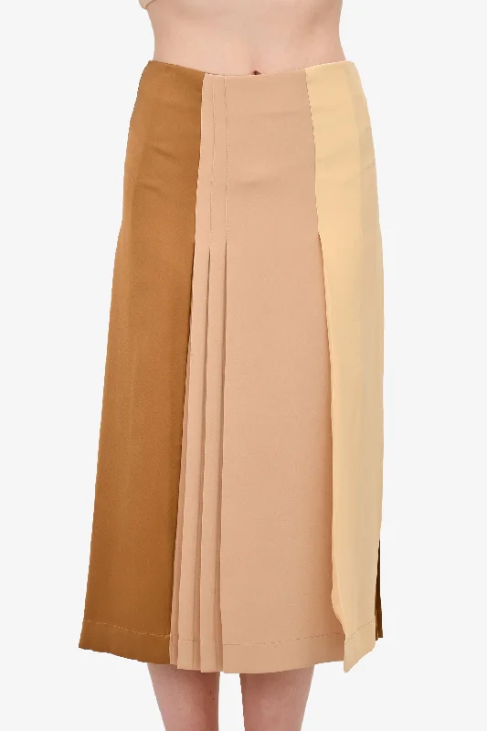 Celine Brown/Yellow Silk Pleated Midi Skirt Size 36