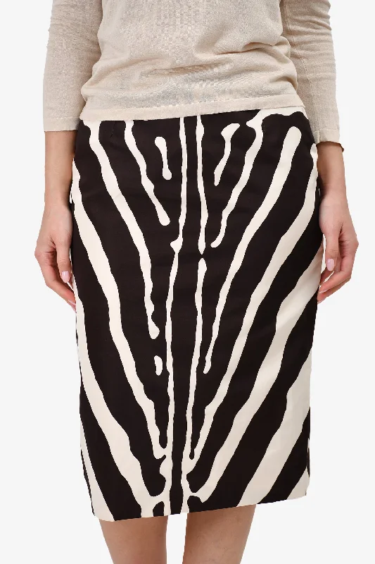 Christian Dior Cream/Brown Silk Zebra Print Midi Skirt Size 10