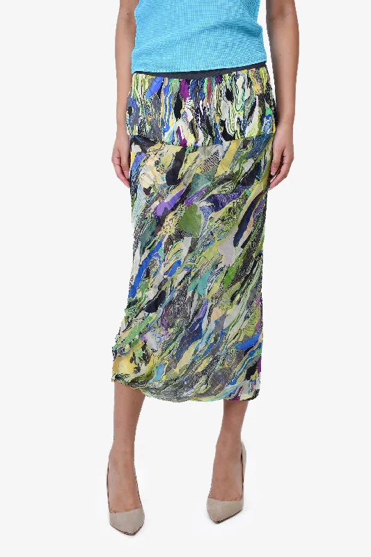 Dries Van Noten Multicolour Silk Marble Pattern Midi Skirt Size 40