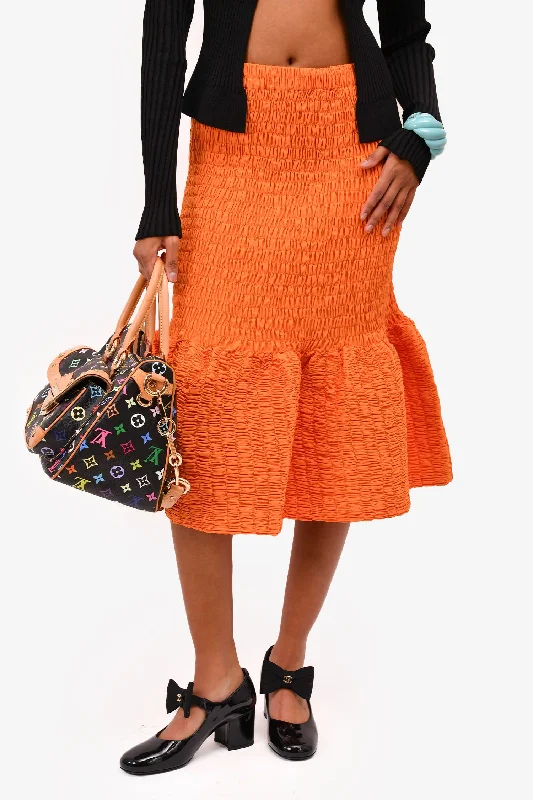 Dries Van Noten Orange Shirred Cotton Midi Skirt Size M