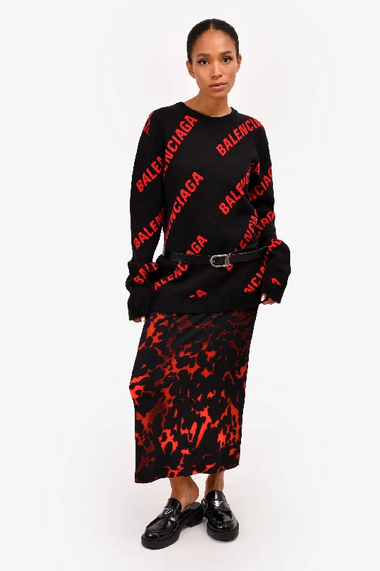 Dries Van Noten Red/Black Patterned Midi Skirt Size M