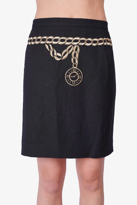 Escada Black Wool Skirt with Gold Watch Design Size 38