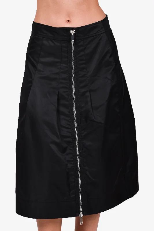 Ganni Black Nylon High-Waist Zip-Up Midi Skirt Size 36