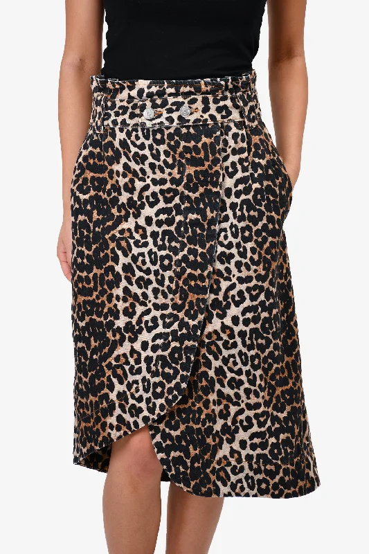 Ganni Leopard Denim Midi Skirt Size 36