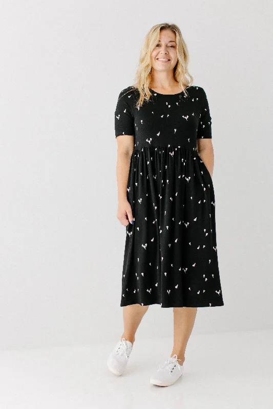 'Annie' Bamboo Blend Midi Dress in Black Abstract Print FINAL SALE