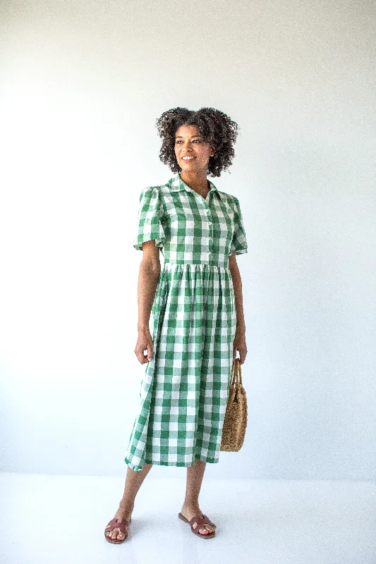 'Betsy' Collared Cotton Gingham Midi Dress in Green FINAL SALE