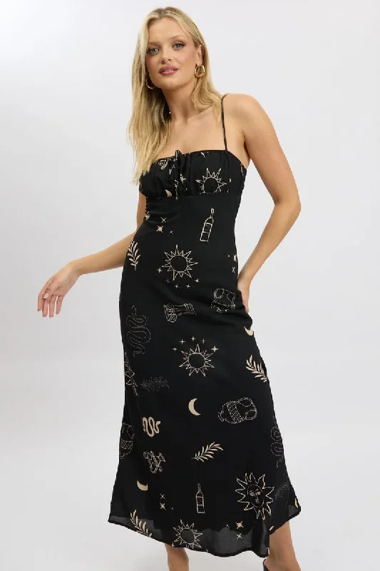 Black Abstract Midi Dress Strappy