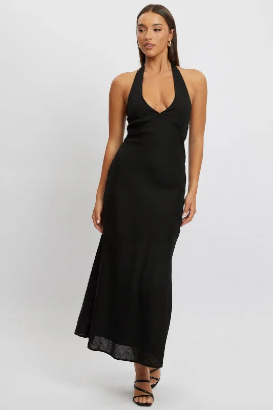 Black Midi Dress Halter Neck