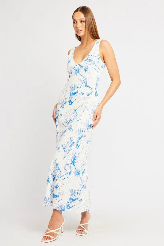 Blue Abstract Midi Dress V Neck Sleeveless