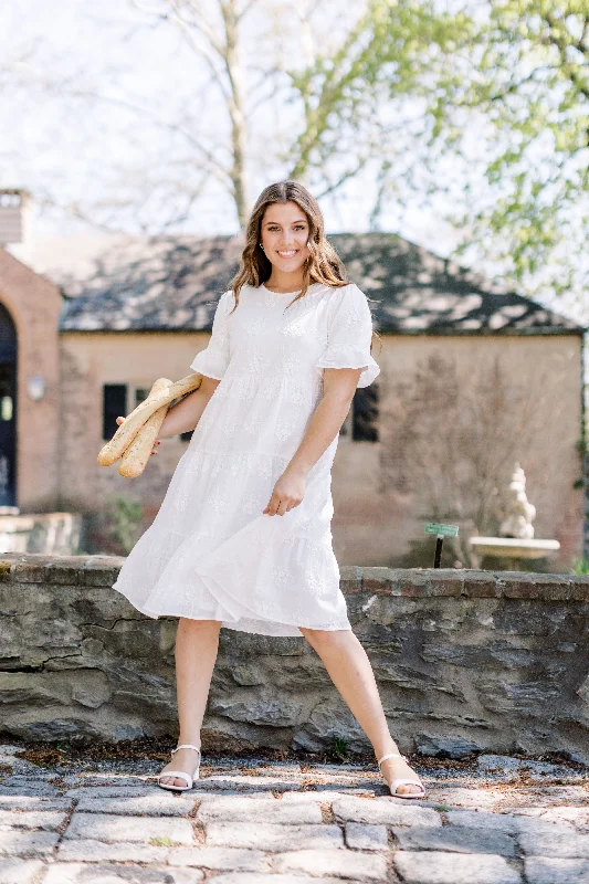 'Cherie' Textured Eyelet Midi Dress in Ivory FINAL SALE