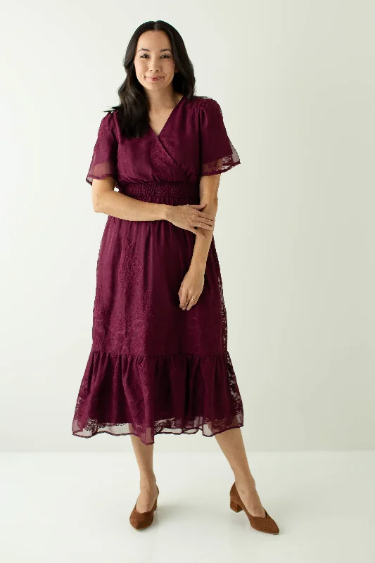 'Daphne' Surplice Embroidered Chiffon Midi Dress in Plum