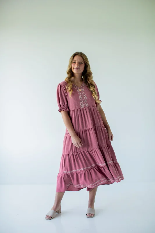 'Elspeth' Embroidered Tiered Midi Dress in Dusty Rose FINAL SALE