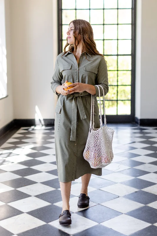 'Etienne' Collared Button Down Linen Blend Midi Dress in Olive FINAL SALE